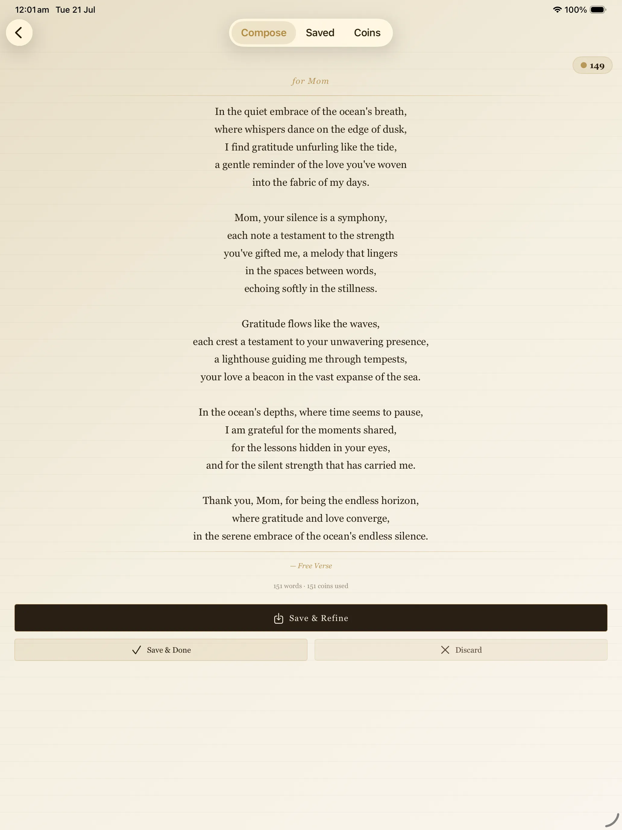 A completed free verse poem on iPad with Save and Refine, Save and Done and Discard buttons, showing 151 words and 151 coins used